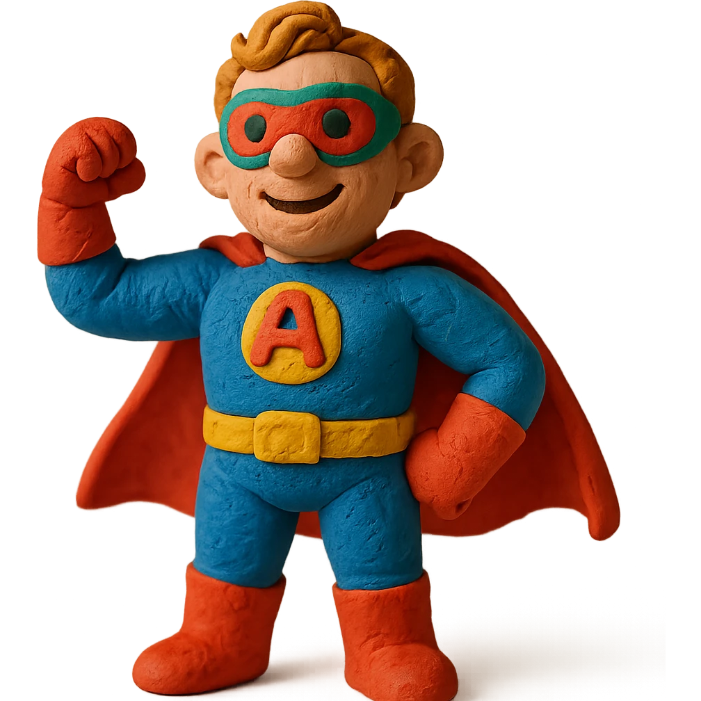 austincredible as a claymation superhero, bright colors, fun details emoji