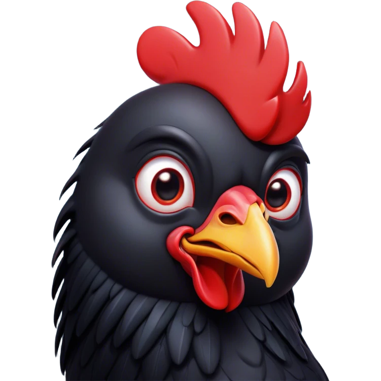 Cinematic Comical Black Chicken Portrait Emoji, Head tilted dramatically with an exaggeratedly amused expression, featuring a sleek, glossy black plumage with a bold red comb, wide, expressive beady eyes filled with playful disbelief, Simplified yet hilariously expressive features, highly detailed, glowing with a slightly sassy glow, high shine, dramatic yet playful, stylized with an air of cheeky mischief, bright and endearing, soft glowing outline, capturing the essence of a spirited and over-the-top chicken, so meme-worthy it feels like it could cluck its way into internet fame instantly! emoji