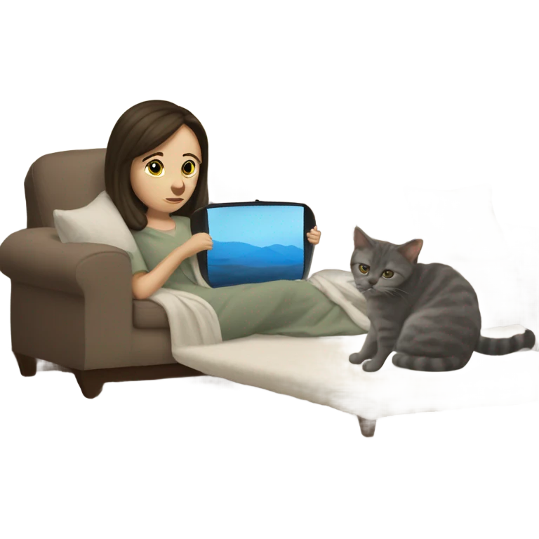 White Girl brunette watching tv covered with a cat blanke emoji
