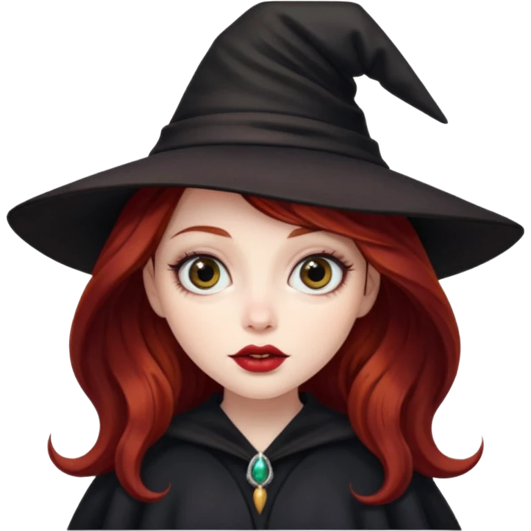 long and wavy dark red haired girl, with thick lips, big eyes and she looks like a witch emoji