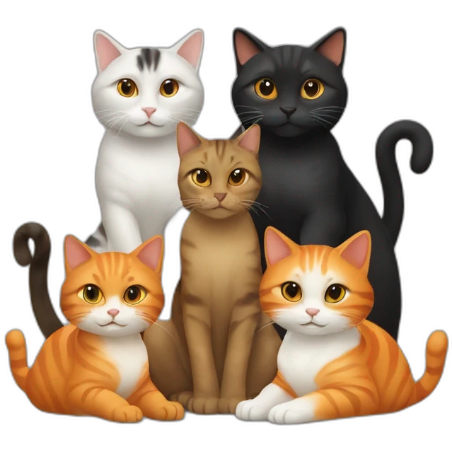 A group of cats, 3 are black, 1 is orange and white, 1 is orange, and 1 is tortoise colored emoji