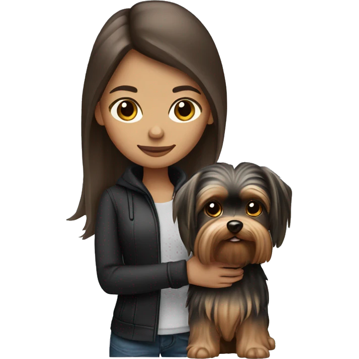 Brunette long hair girl light tan skin holding Yorkshire terrier emoji