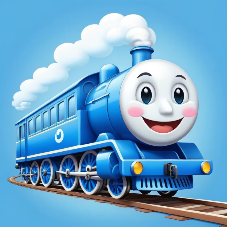 blue train with white happy face emoji