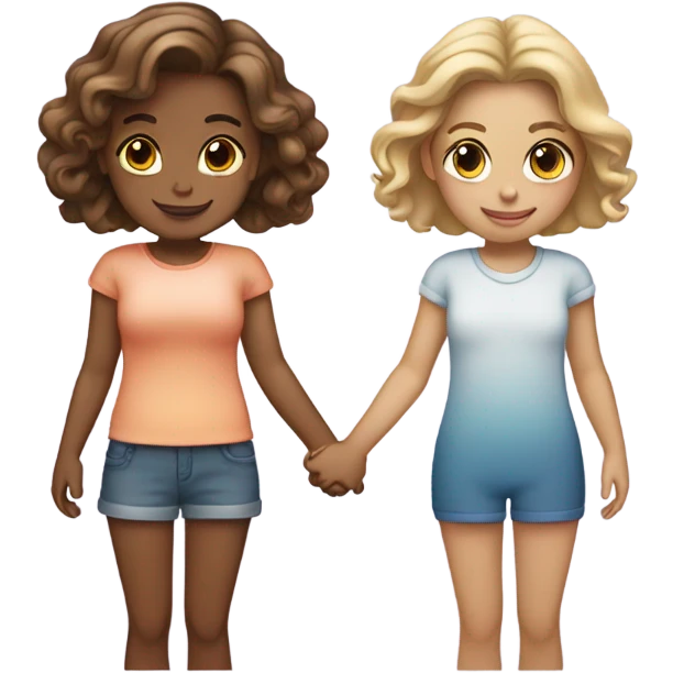 Two girls holding hands: one tanned with ombre hair and the other fair skin with dark blonde hair  emoji