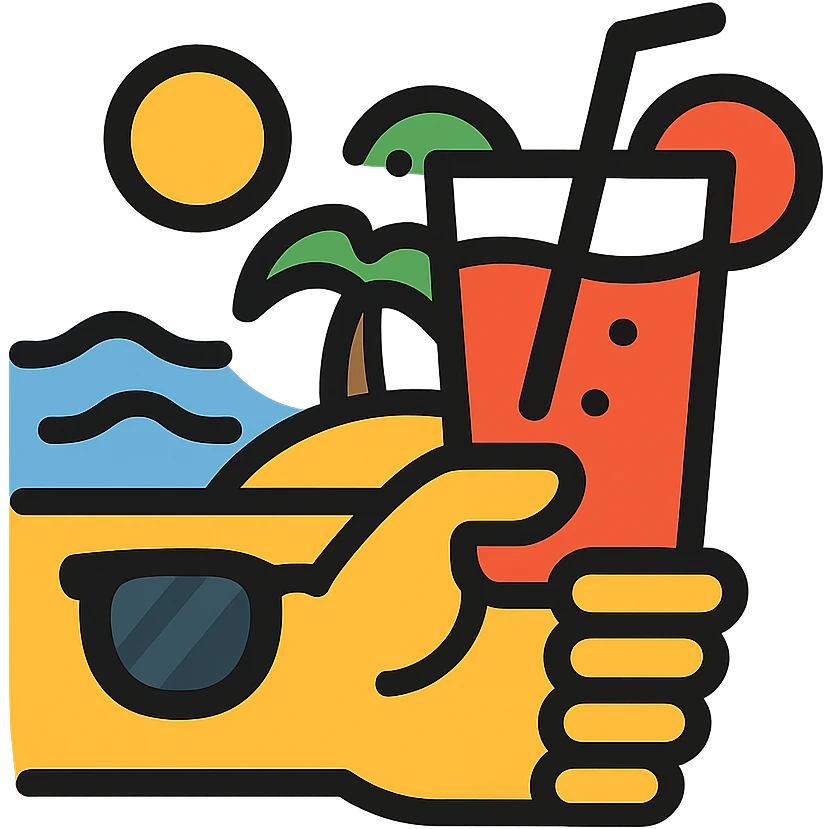a hand with sunglasses holding a glass of fruit juice, beach background icon emoji