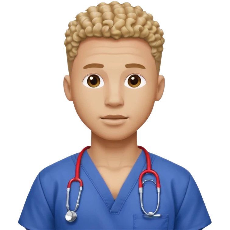 Ripped, athletic man with thick neck, high top fade with no part, curly hair only top only, no shirt and show waistline up add scrubs emoji
