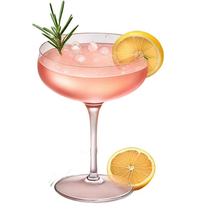 fizzy rosé elderflower fancy cocktail in a couple glass with rosemary garnish emoji