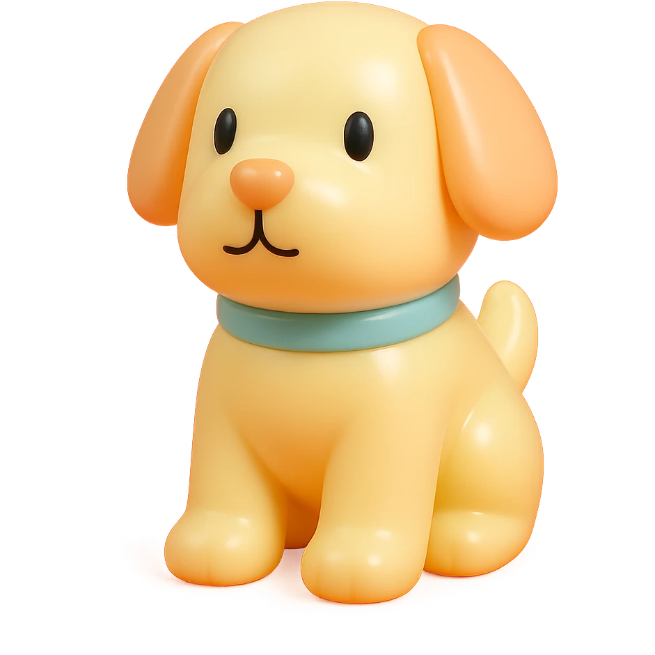               Transform {subject} into a soft vinyl figure with a smooth, glossy surface. The material should look slightly rubbery and tactile, with minimalistic curves and a matte-gloss hybrid finish. Use pastel or soft solid colors. The surface is seamless, with no visible textures or roughness. Studio lighting, vibrant background, clean, playful, designer toy aesthetic. {subject} = dog emoji
