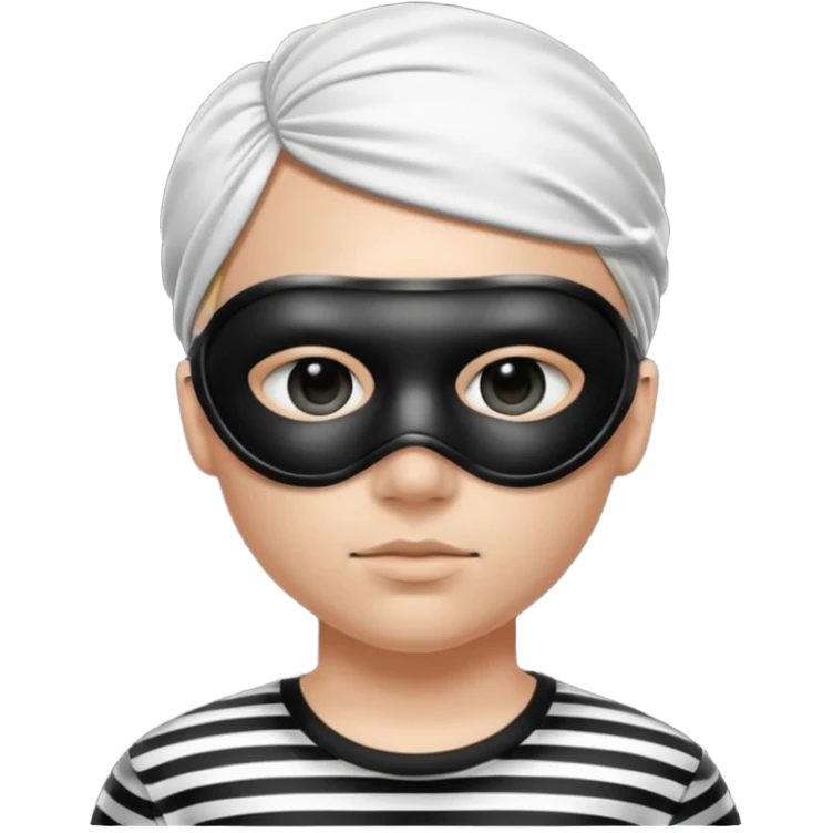 Realistic ios emoji-style portrait of a classic burglar, a black eye mask and a black-and-white striped shirt. Highly detailed, natural skin texture, soft cinematic lighting, realistic shadows, smooth gradients, clean outline, glossy reflections in the eyes.  emoji