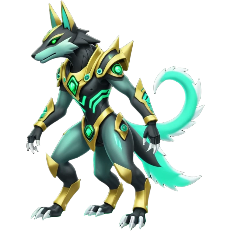 Black and green cyberpunk intricate neon glowing grey white futuristic cyborg-Anubis-Zeraora-Zoroark-fusion (full body) emoji