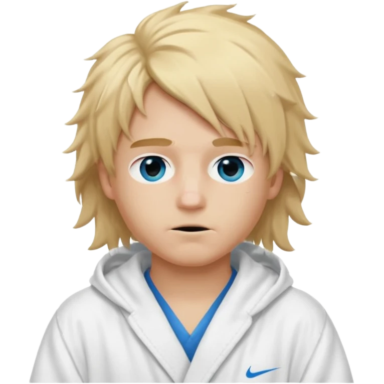 Create a blond boy with long, messy hair, light eyes, a white t-shirt, long hair, blue eyes, medium length, voluminous, wearing a white Nike bathrobe and a little blush near his nose. He also wears a balaclava, the kind a gangster balaclava wears, covering his entire face, and make him cute. emoji