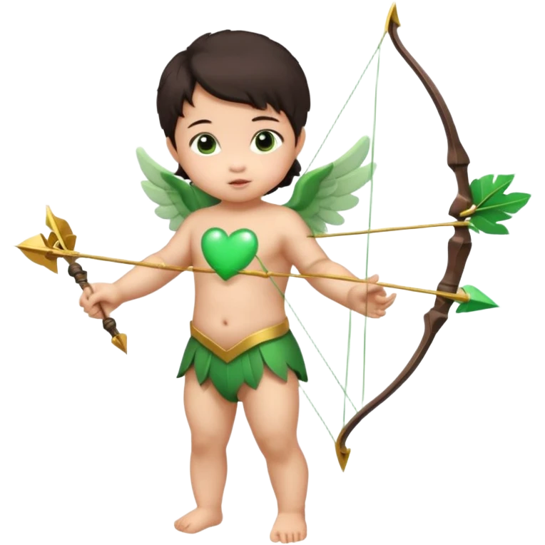 cupid asian baby flying full body with wings with brown eyes and dark hair handled bow and arrow directed to green heart and looking to heart emoji