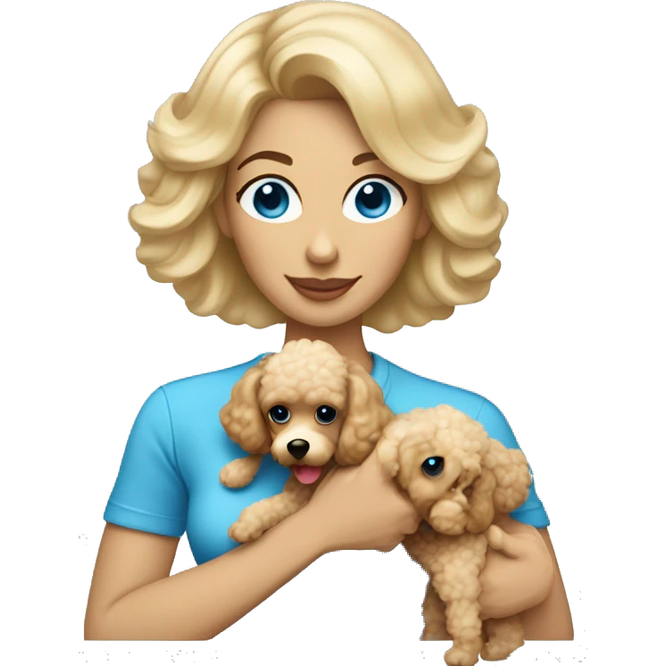 blonde mom with straight hair blue eyes holding cream colored puppy poodle  emoji