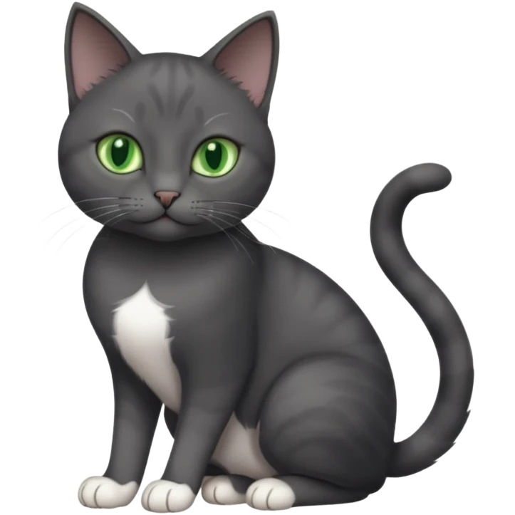 beautiful female solid dark grey cat with green eyes, white toes/paws and white patch on her chest playing emoji