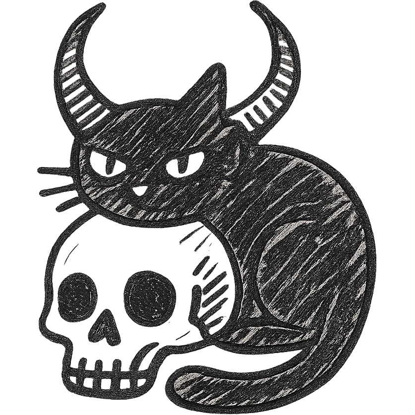 black cat with oversized demon horns, curled around a human skull, hand drawn style, expressive linework, no fill emoji