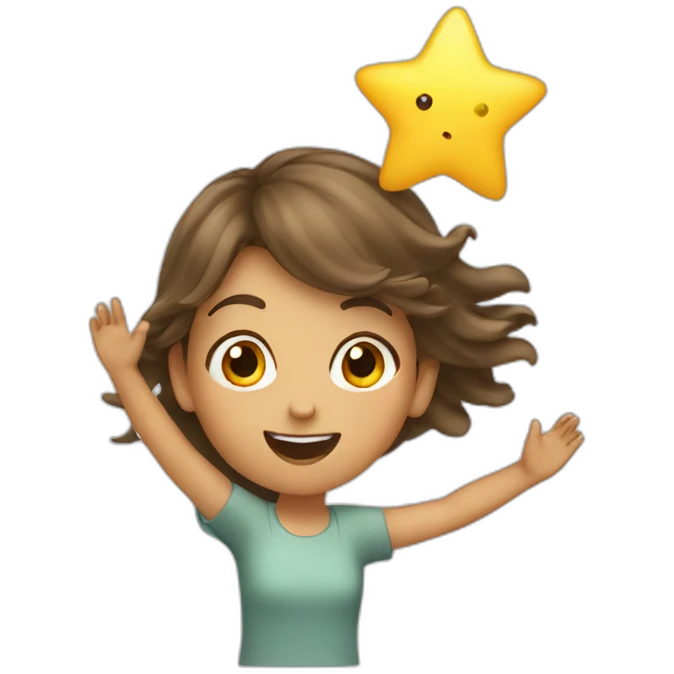Girl with waving hair flying and catching a star emoji