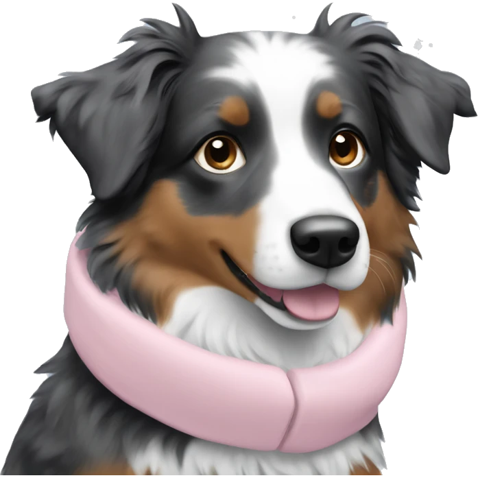 Mini Australian Shepherd with light pink snow gear emoji