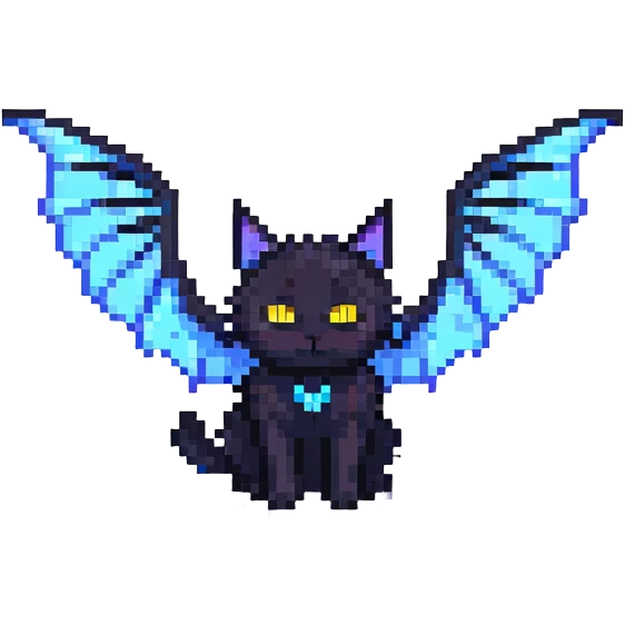 black cat with blue bat wings and glowing yellow eyes emoji