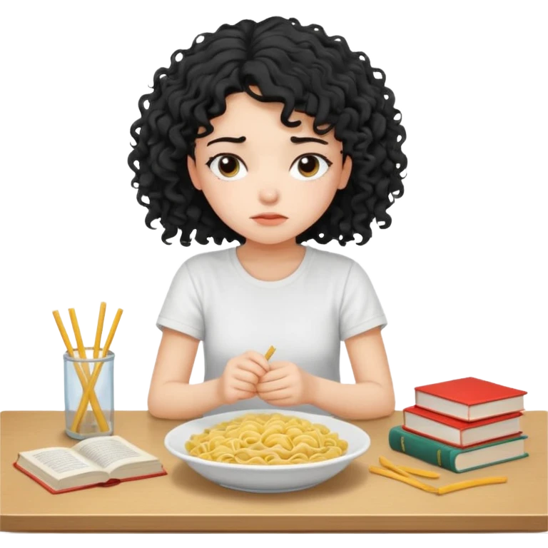 generate a pretty bratz fair skinned girl with curly black hair wearing a white tshirt sitting on a table with noodles and books. looking sleepy and tired emoji