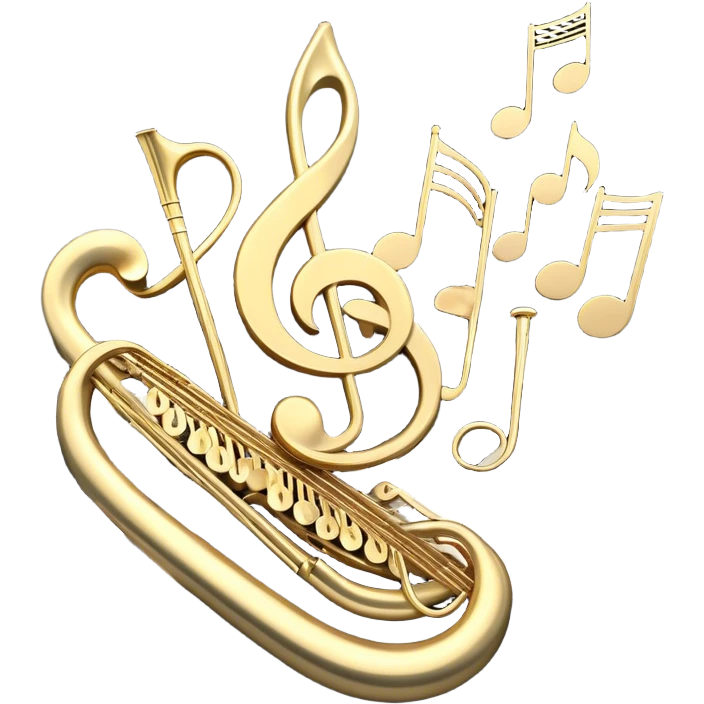 Create a sophisticated and celebratory emoji collage representing keyboard instruments, designed in the style of a coat of arms or crest. The design should feature surrounded by a ribbon of musical notes. The ribbon should intertwine with a second ribbon made of black-and-white piano keys, creating a flowing, symmetrical pattern.  The musical notes should be swirling around the design in a harmonious, festive arrangement. Use gold, silver, and rich wood tones to evoke a sense of luxury and professionalism, with the black-and-white keys of the piano adding contrast. The background should remain transparent emoji