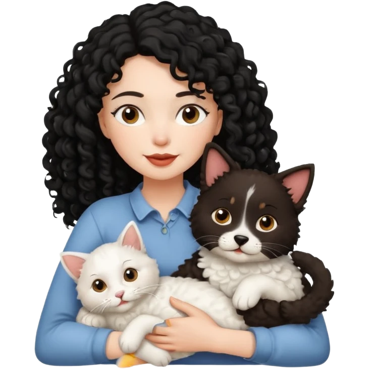 Moça branca com cabelo cacheado preto. Com um gato e um cachorro no colo emoji