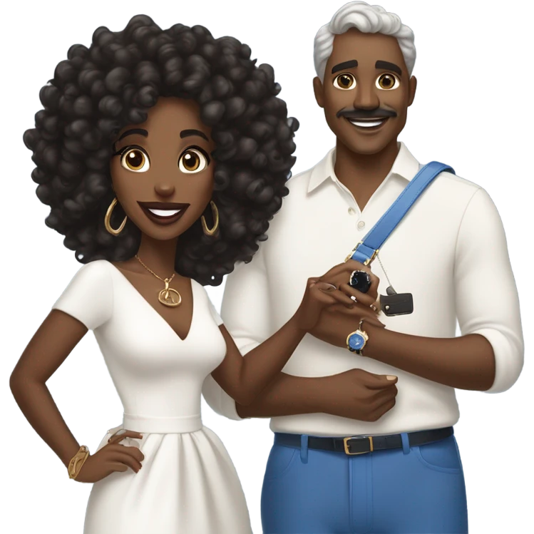 Brown Black woman in her mid-20s with blowout curls, wearing a white dress, holding a blue mini Hermes Kelly BAG, and a 7-carat ring. A White  man with blue eyes, dark grey hair, mustache, and an expensive watch, smiling at her.” emoji
