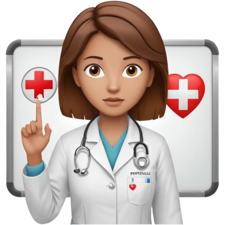 Teacher, female, brown hair up, holding a pointer to a white board with a CPR logo. emoji
