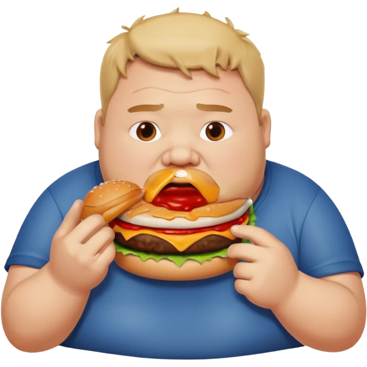 A fat guy eating a burger with ketchup all over his mouth emoji