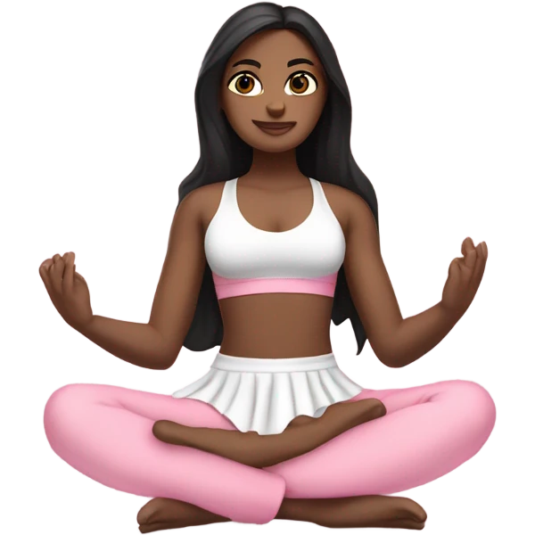 A white girl with brown eyes and black long hair,  is sitting in a lotus position in a pink bra top and short white skirts emoji