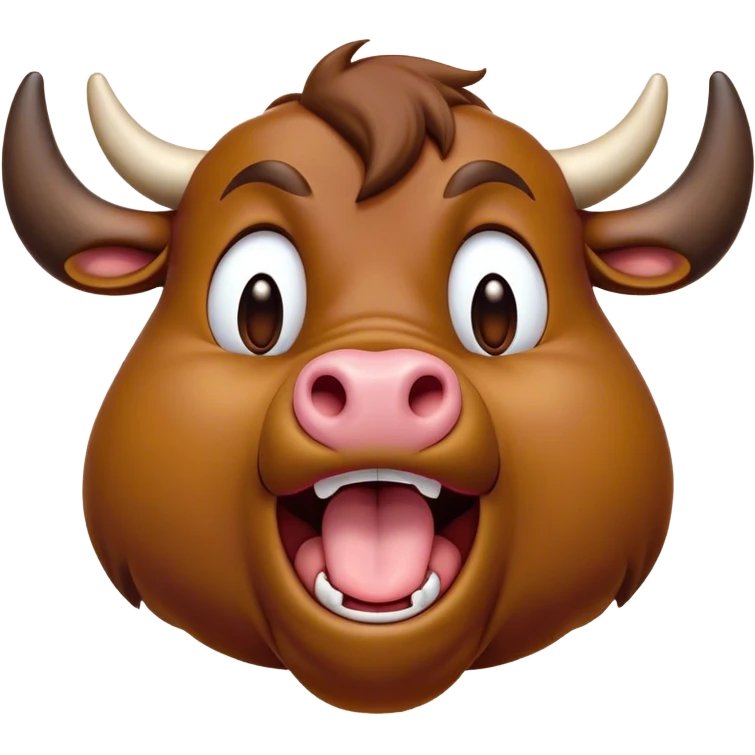 Cinematic Cute Yawning Brown Bull Portrait Emoji, Head tilted slightly with a dramatic, wide-open yawn, showcasing a smooth, rich brown hide with a subtle texture, floppy ears slightly drooping, round dark eyes barely open in drowsy contentment, Simplified yet irresistibly adorable features, highly detailed, glowing with a soft, cozy glow, high shine, relaxed yet expressive, stylized with a touch of rugged whimsy, bright and endearing, soft glowing outline, capturing the essence of a sleepy yet affectionate guardian, so drowsy it feels like it could charge right out of the screen and curl up for a nap! emoji