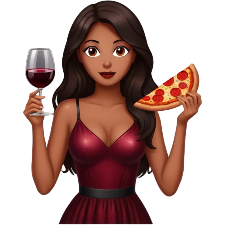 Beautiful woman in 1950’s woman fashion look, black shimmery dress, long dark brown hair, red wine, Pepperoni pizza emoji