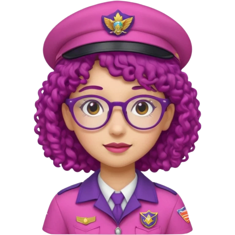 scout girl with very pink scout uniform including hat, dark purple curly haired and glassess emoji