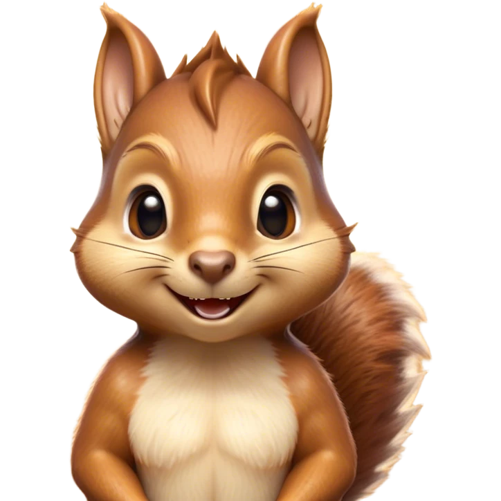 Cinematic Cheeky Squirrel Portrait Emoji, Head cocked to one side with a cheeky smirk and sparkling, impish eyes, featuring a compact, agile form with a luxuriously bushy tail and perky ears, Simplified yet remarkably expressive features, highly detailed, glowing with a playful, golden glow, high shine, mischievous and lively, stylized with an air of woodland naughtiness, soft glowing outline, capturing the essence of a cheeky squirrel that seems poised to leap out of the screen with a fun-loving attitude! emoji