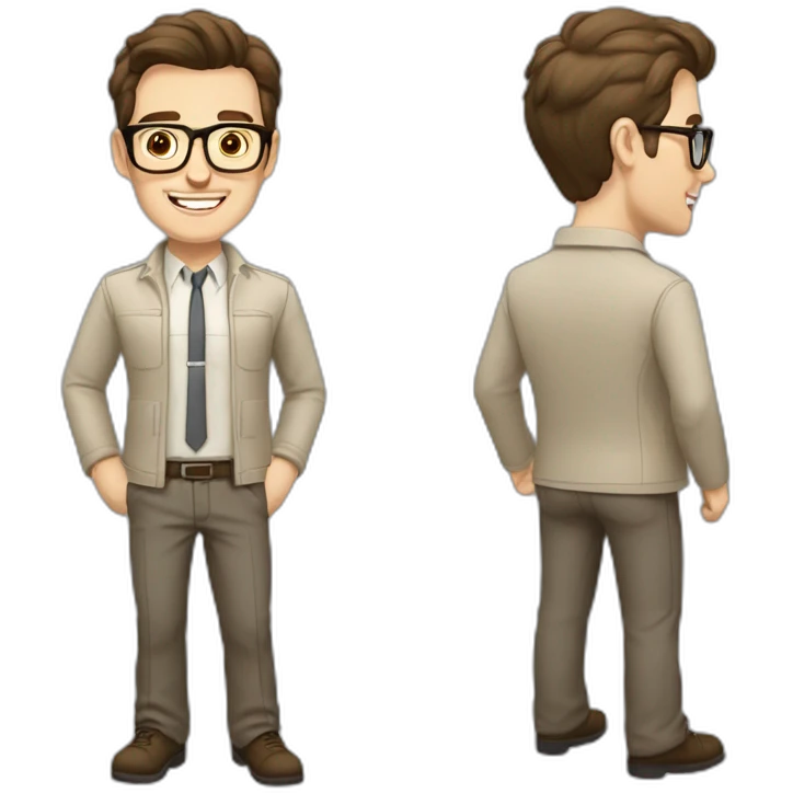 Joyful Pale skinned Fit Man With dark brown hair in gray jacket, beige office shirt, Brown pants and vintage glasses. His thrumbs up emoji