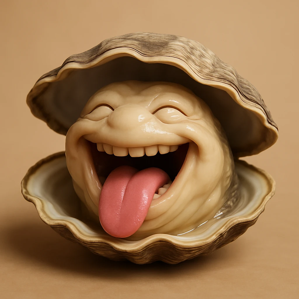 A cute oyster bursting out laughing, mouth wide open, eyes squinting, photorealistic style. emoji