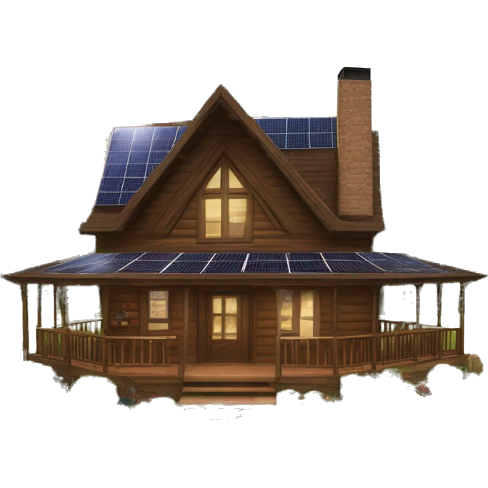 Skywalker Cabin is a clean Very big Wood Cabin near tree on the mountain in the background. The cabin is 5 stories tall with extensive solar arrays on top. The cabin sits on thick grass fields. porch lights on ,guests on porch smoking ,flowers and bushes  emoji