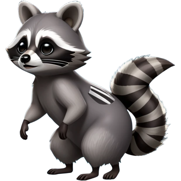 Cinematic-Raccoon-Realistic-Full-Body-Standing on all fours-Emoji – Tail flicking lazily, head tilted dramatically, thick grey fur with a signature black mask, sharp and alert ears, simplified yet realistic focused features, highly detailed, glowing with an almost sarcastic glow. emoji