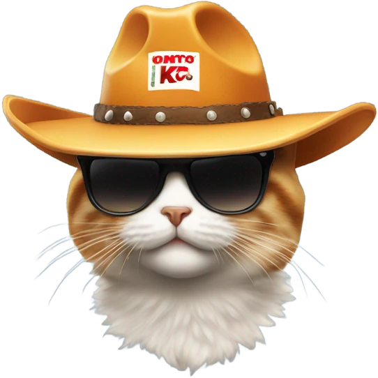 A cat with a cowboy hat, KFC Cool, sunglasses walking away from a fire with a hat emoji
