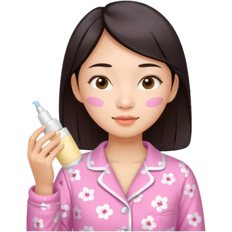 angelic asian girl doing skin care in pink pajamas, applying cream to her face emoji