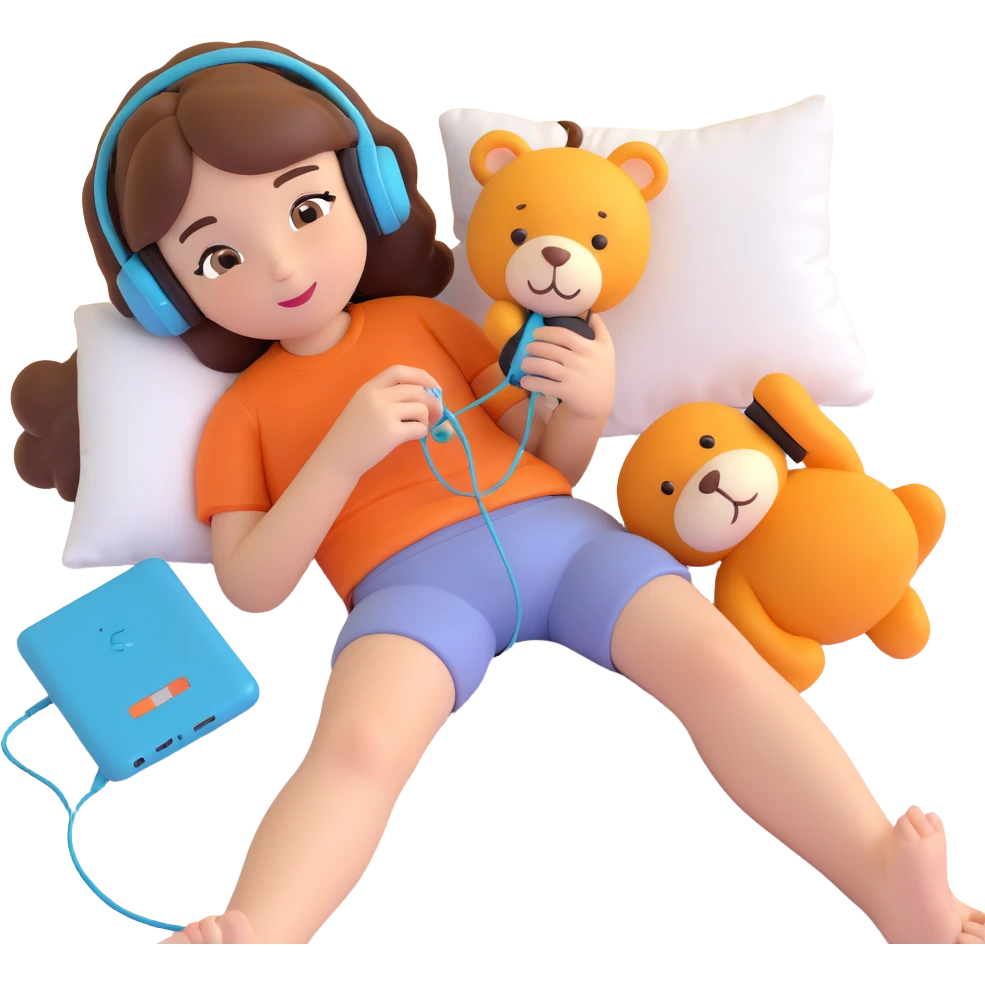 Girl lying on bed comfortably listening to music with wired earphones, holding a plush toy emoji