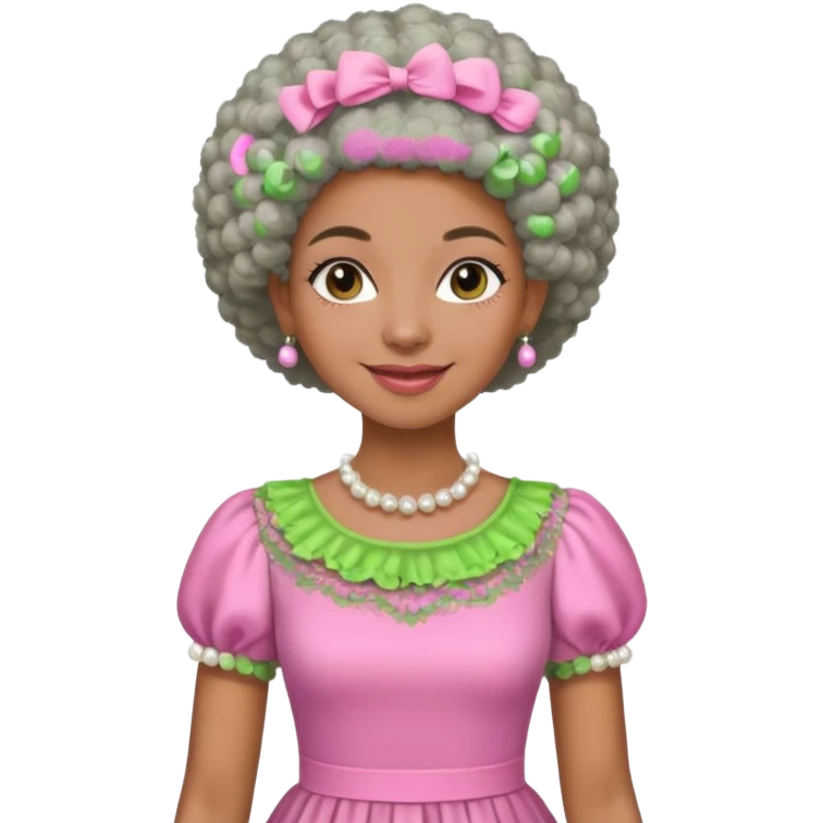 Pretty Brown woman with a very very short stylish gray Afro  wearing pink and green dress  and pearl blouse with sleeves emoji