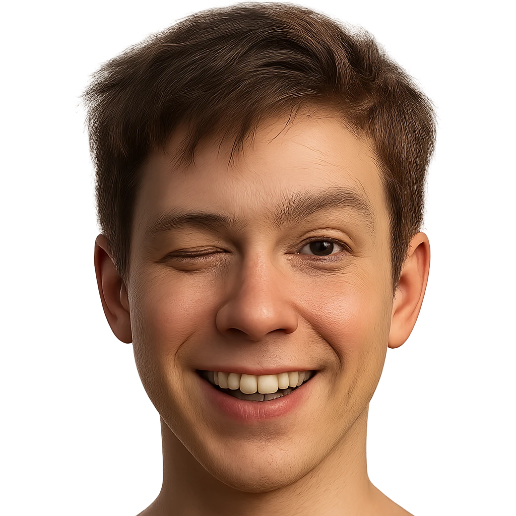 hyper-realistic emoji face of a young person with short tousled brown hair, light skin, winking, detailed skin texture, natural lighting, lifelike eyes, realistic facial features emoji