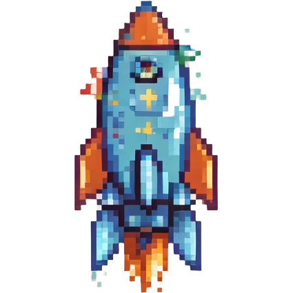 colorful rocket ship blasting off, retro video game look emoji