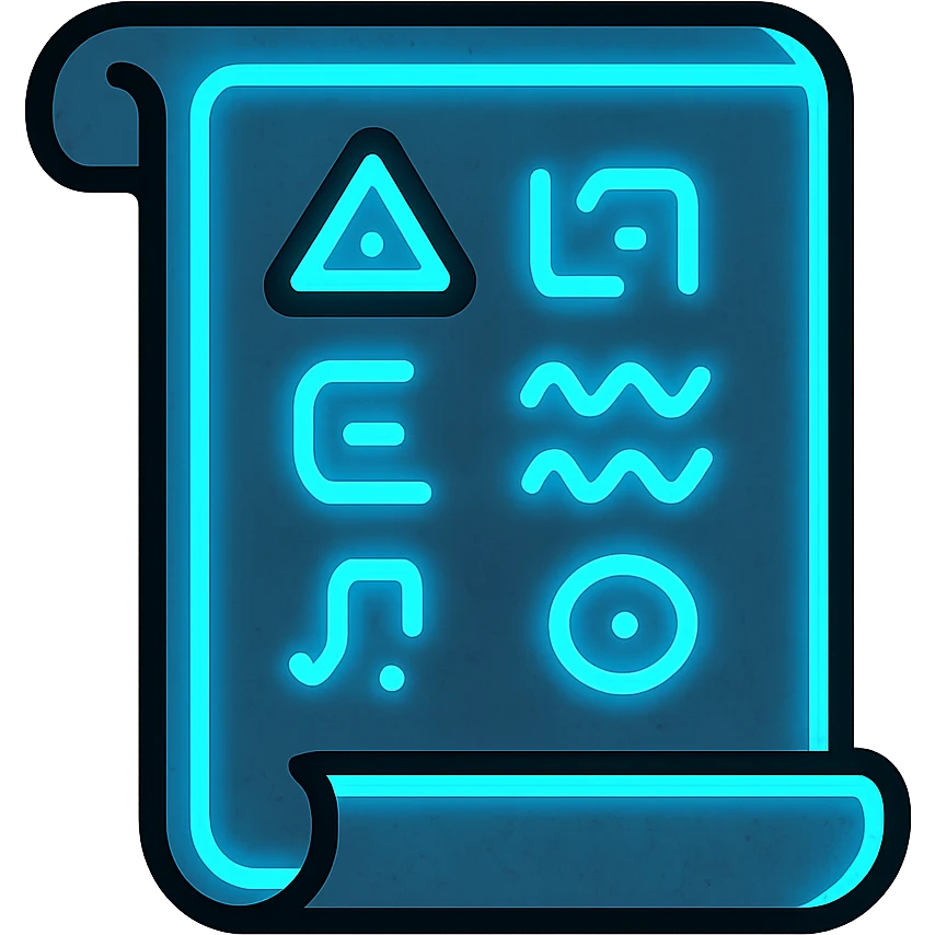 icono de letras de canciones con textura antigua-futurista y glifos brillantes, borde de neón azul claro, efecto animado de glifos y resplandor emoji