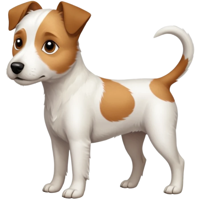 a full body slightly chubby white parson russell terrier looking dog the size of a kelpie with light brown long ears and a light brown patch on one eye and a large snout emoji