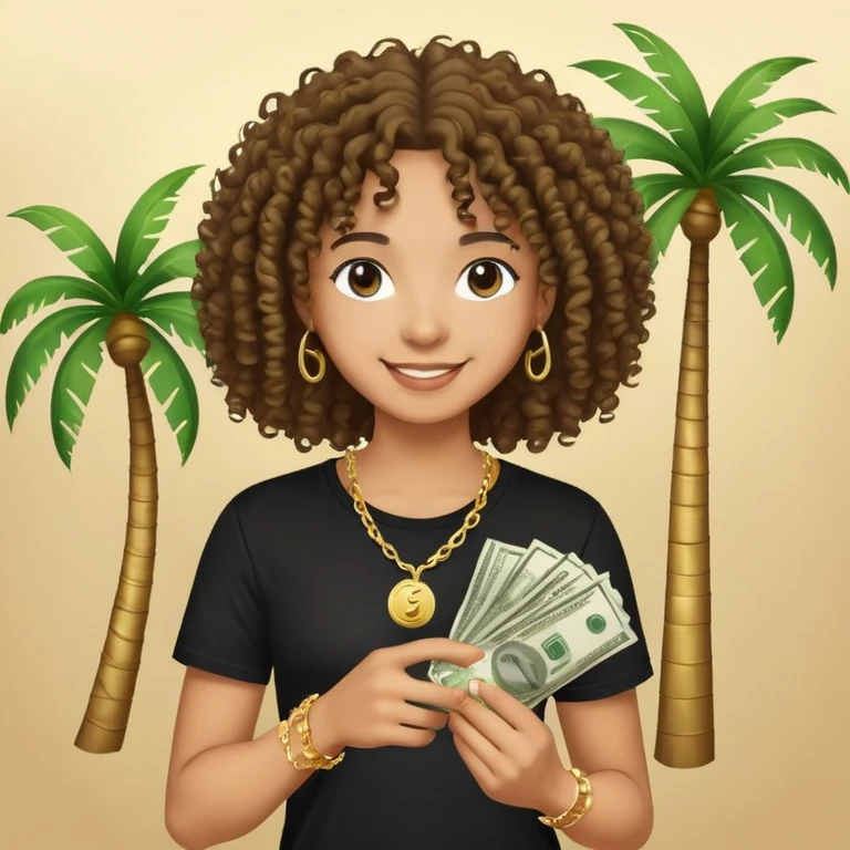 Happy mixed-race person with curly hair in black t-shirt and gold chain, holding money, palm tree beach background emoji