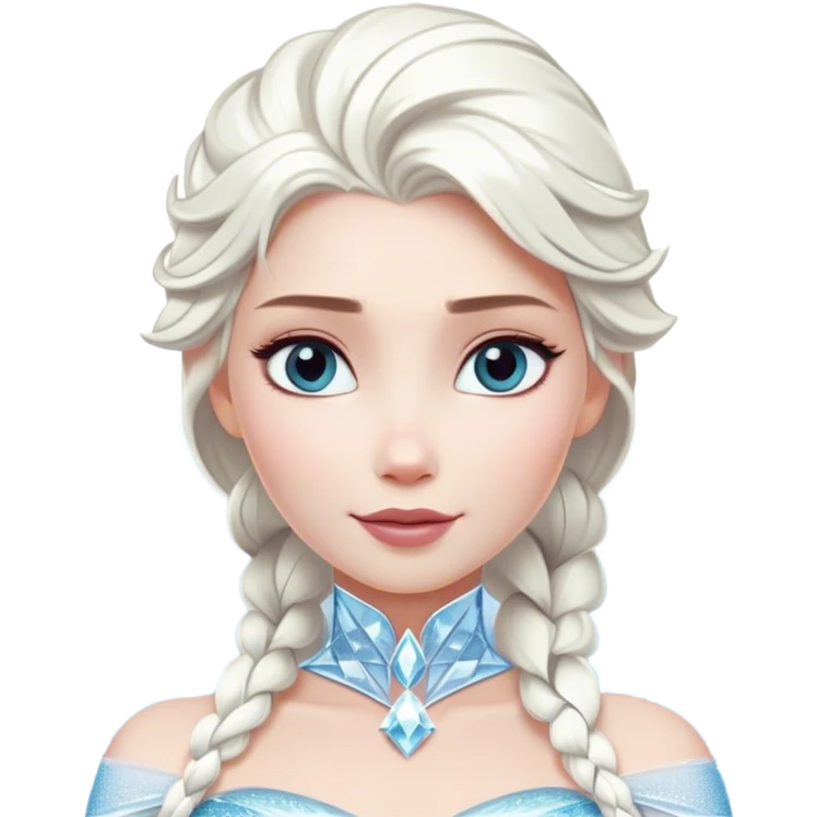 Cinematic Majestic Snow Queen Portrait Emoji, rendered in a clean, vector-style with bold, simplified shapes. Show Elsa with a serene, noble expression, luminous icy skin and gracefully styled platinum hair adorned with subtle crystalline accents, her attire minimal yet majestic. The design radiates a cool, crystalline glow with high shine and a soft glowing outline, embodying timeless, frosty elegance. emoji