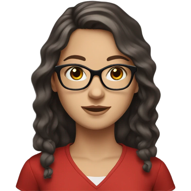 white girl with glasses, dark long wavy hair, dark brown eyes and red shirt  emoji