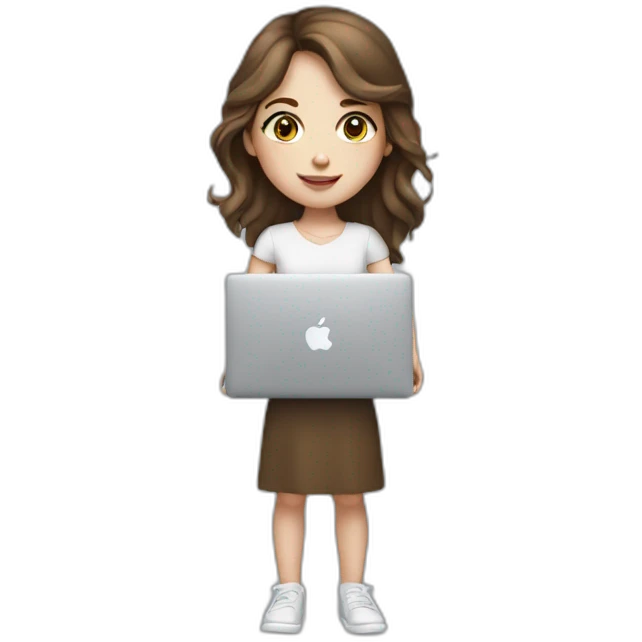 Girl with brown hair and white skin hold macbook emoji