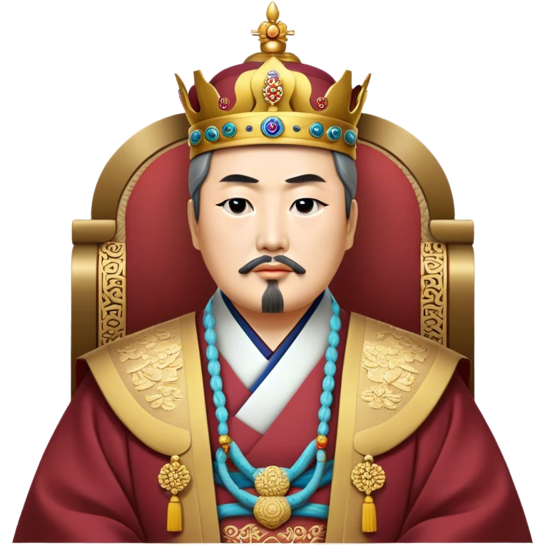 Cinematic Realistic King Sejong Portrait Emoji, depicted as a wise benevolent monarch in traditional Korean royal attire with a thoughtful gaze, rendered with intricate textures and regal soft lighting that captures his historical significance. emoji